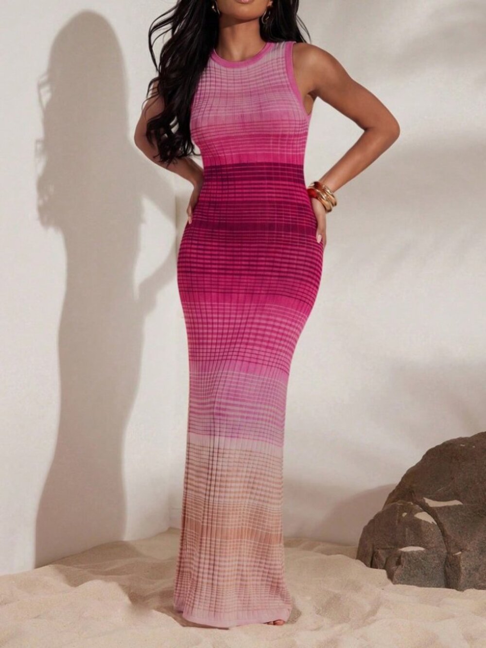 Pink Ombre Ribbed Knit Sleeveless Maxi Dress